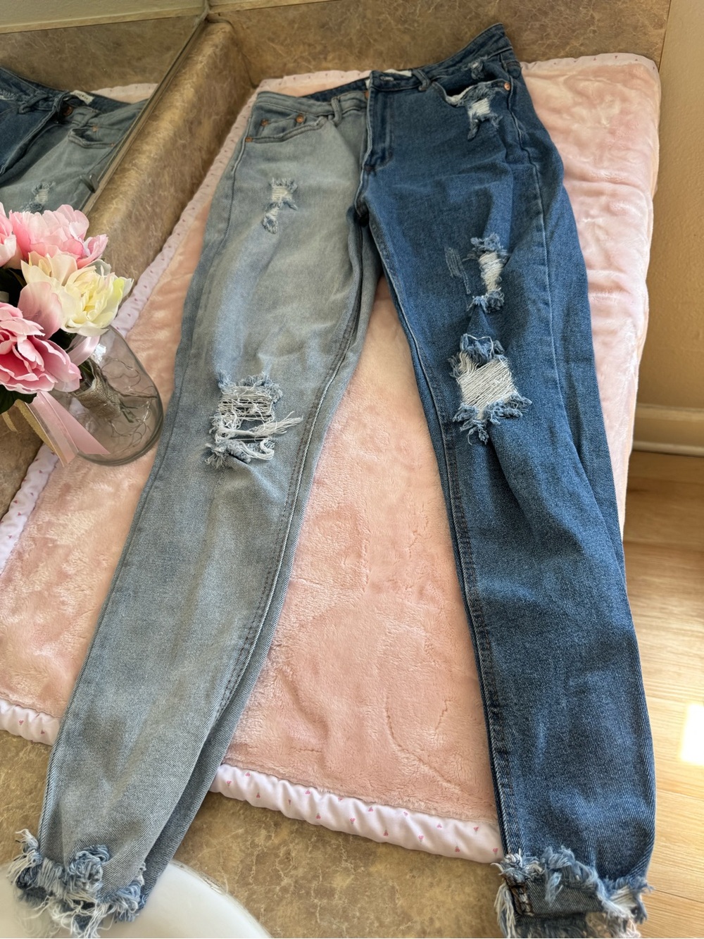 Almost Famous Two-Tone Distressed Skinny Jeans - Light & Dark Blue